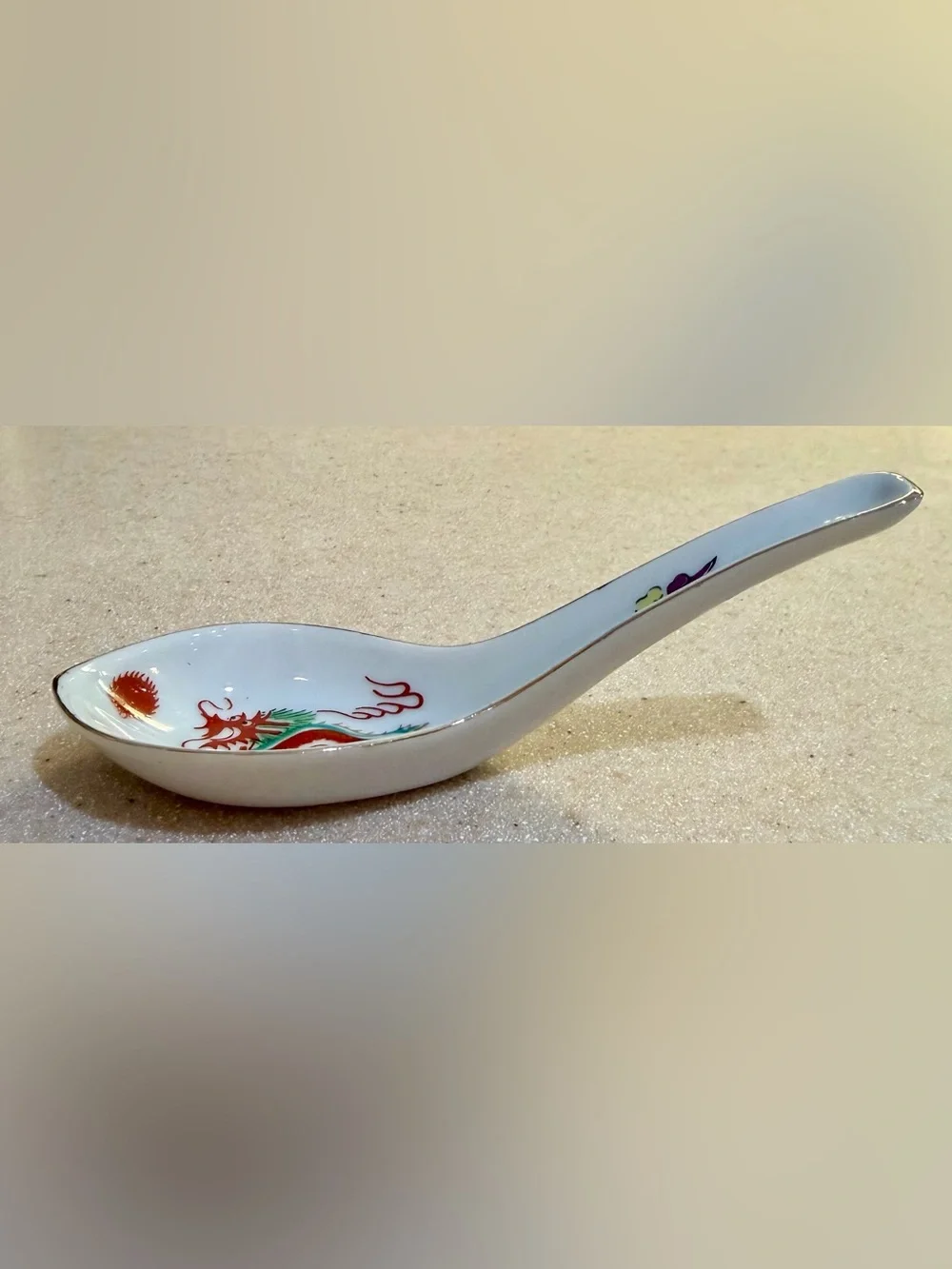 Porcelain Soup Spoon - White with Red Dragon Sun Clouds Gold Gild Asian Chinese